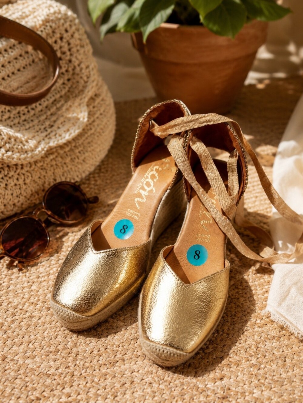 Gold Espadrille Wedge Sandals with Ankle Tie